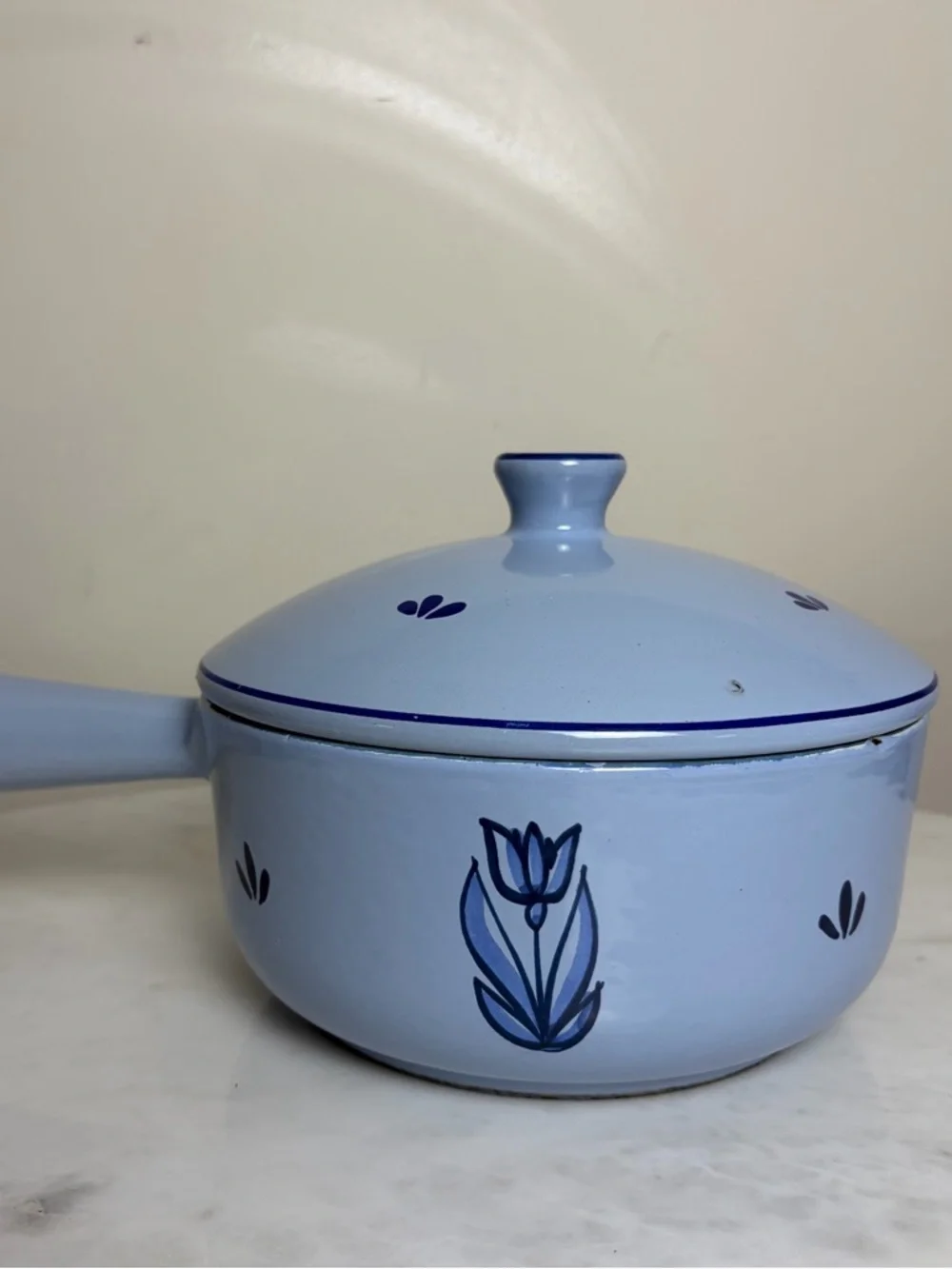 Vintage DRU Holland Blue Tulip Enamel Cast Iron Saucepan Pot Lid 4031-16 50s 6